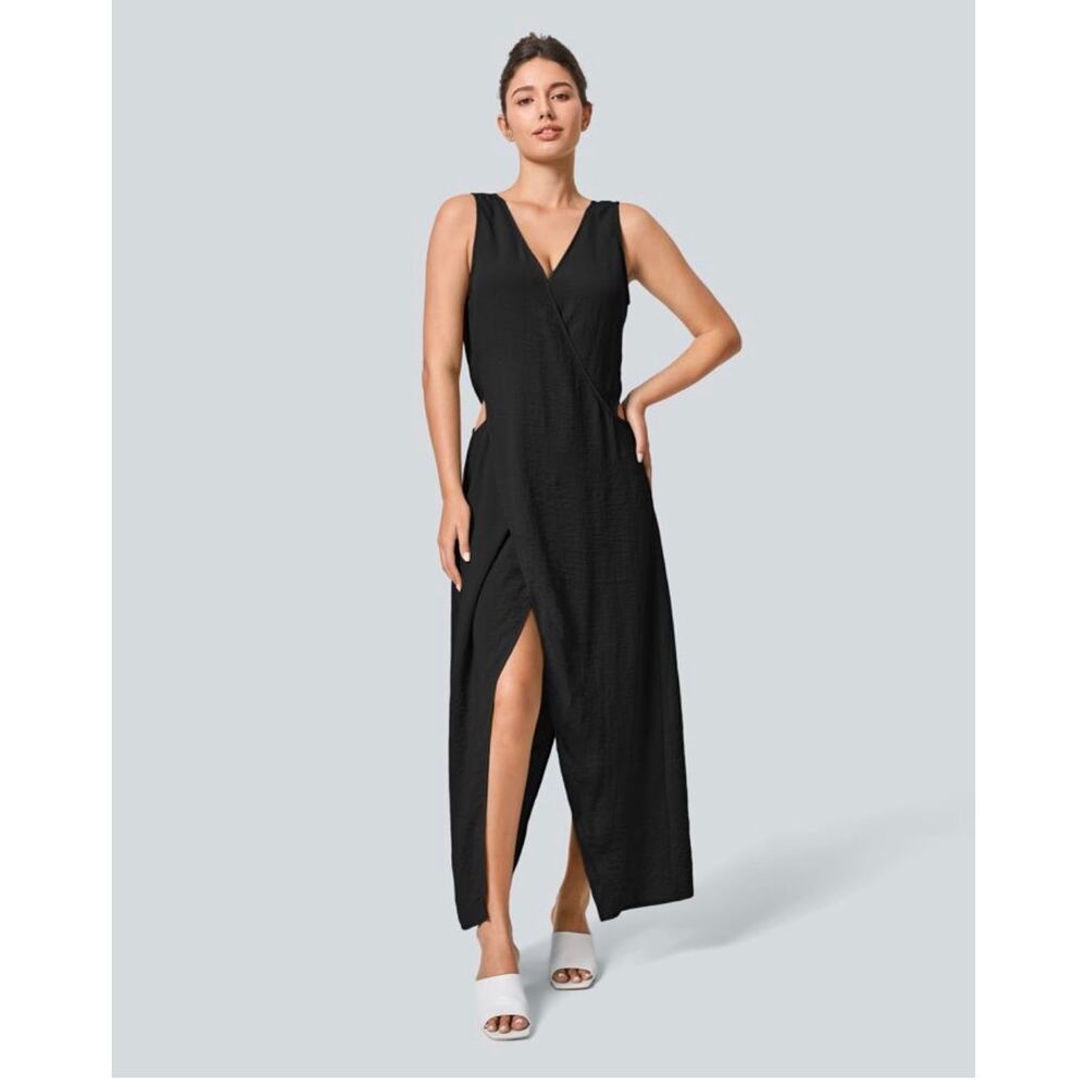 Sleeveless Black V-Neck Maxi Dress with Side Slit